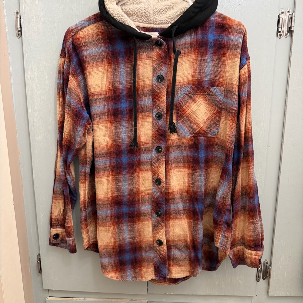 Maurices Plaid Hooded Button-Up Shirt Jacket in Rust, Blue, Cream